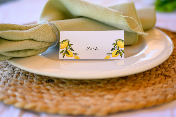 Name card on a plate with linens 